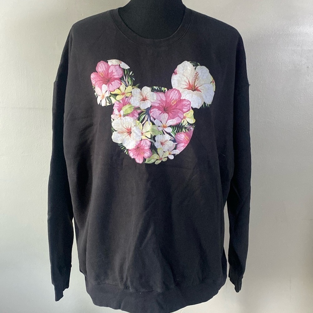 Disney Mickey Mouse Tropical Floral Black Crewneck Sweatshirt Sz XL